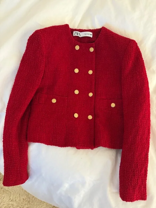 Zara Red Textured Tweed Matching Set / Jacket + Mini Skirt (never worn) - Picture 7 of 9